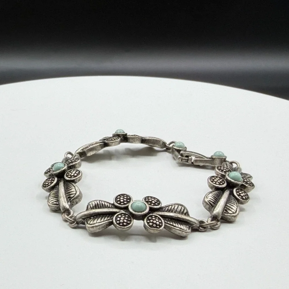 Silver Tone Floral Link Bracelet Aqua Cabochon Boho Cottagecore Statement Gift